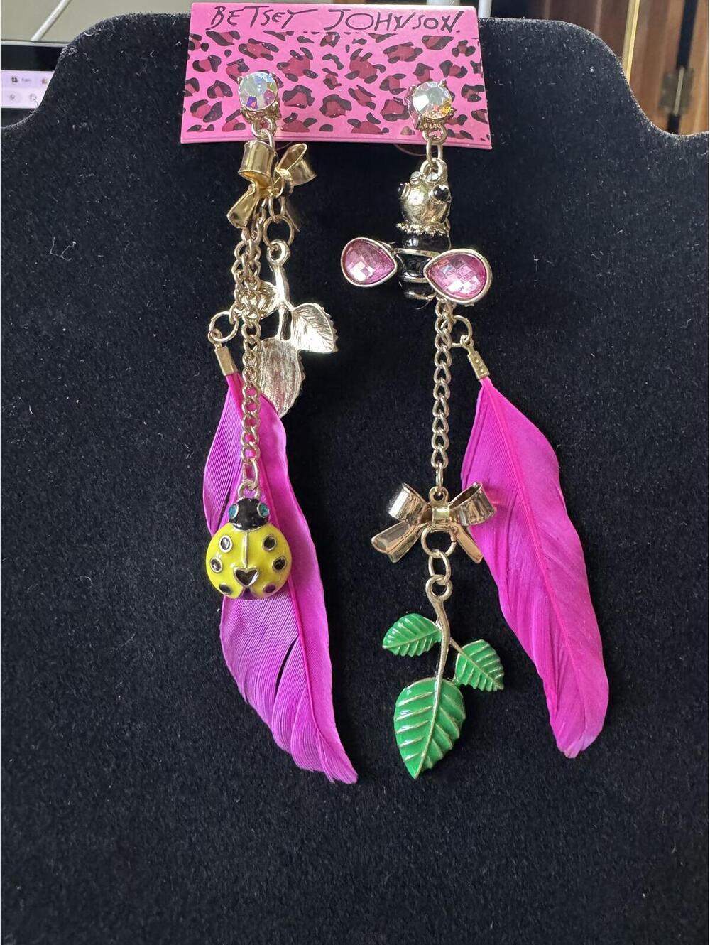 Betsey Johnson Pink Feather Dangle Earrings with Charms